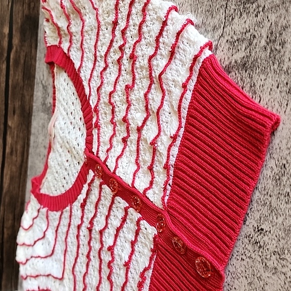 Betsey Johnson crochet knit short cardigan vintage red and white color size S - Picture 3 of 16